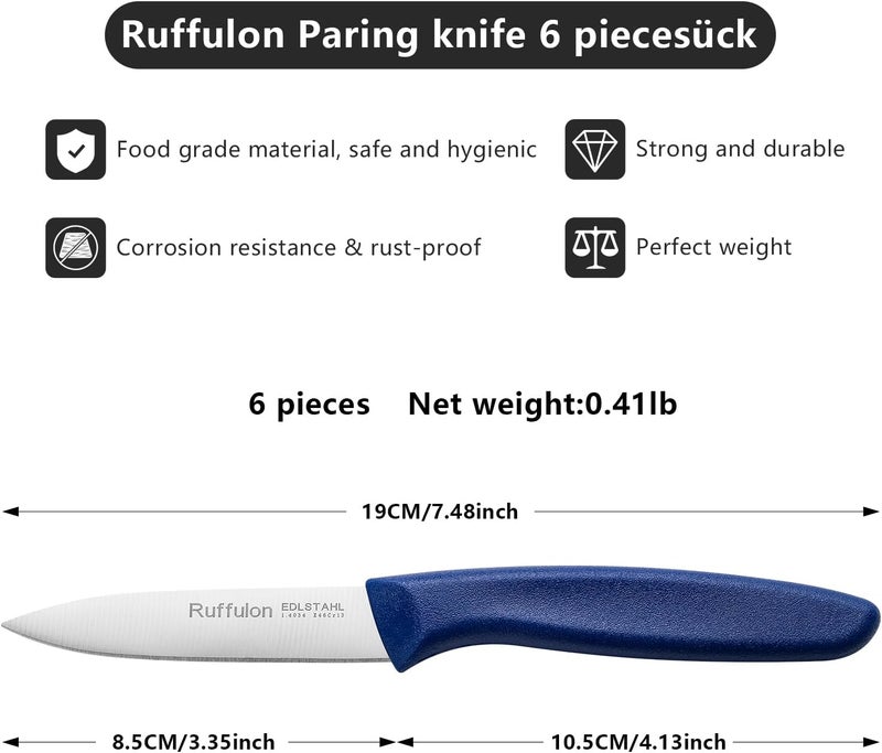 Ruffulon Paring Knife Fruit Knife Set (6 Pieces), Ultra Sharp Stainless Steel Vegetable and Fruit Knife with PP Plastic Ergonomic Handle for Cutting Fruits and Vegetables. - Image 2